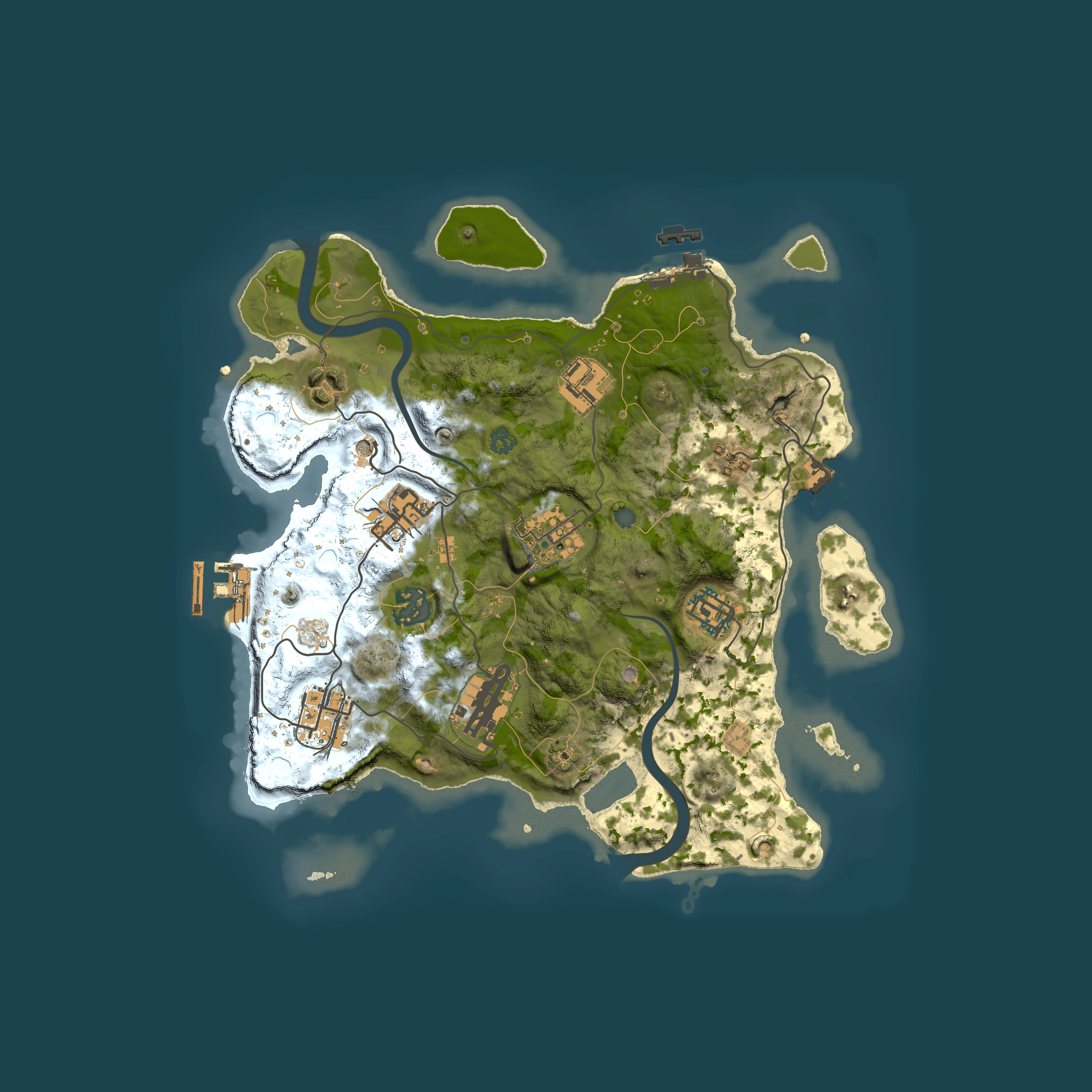 Full top-down render of Rust map seed 350233128, 3000x3000m