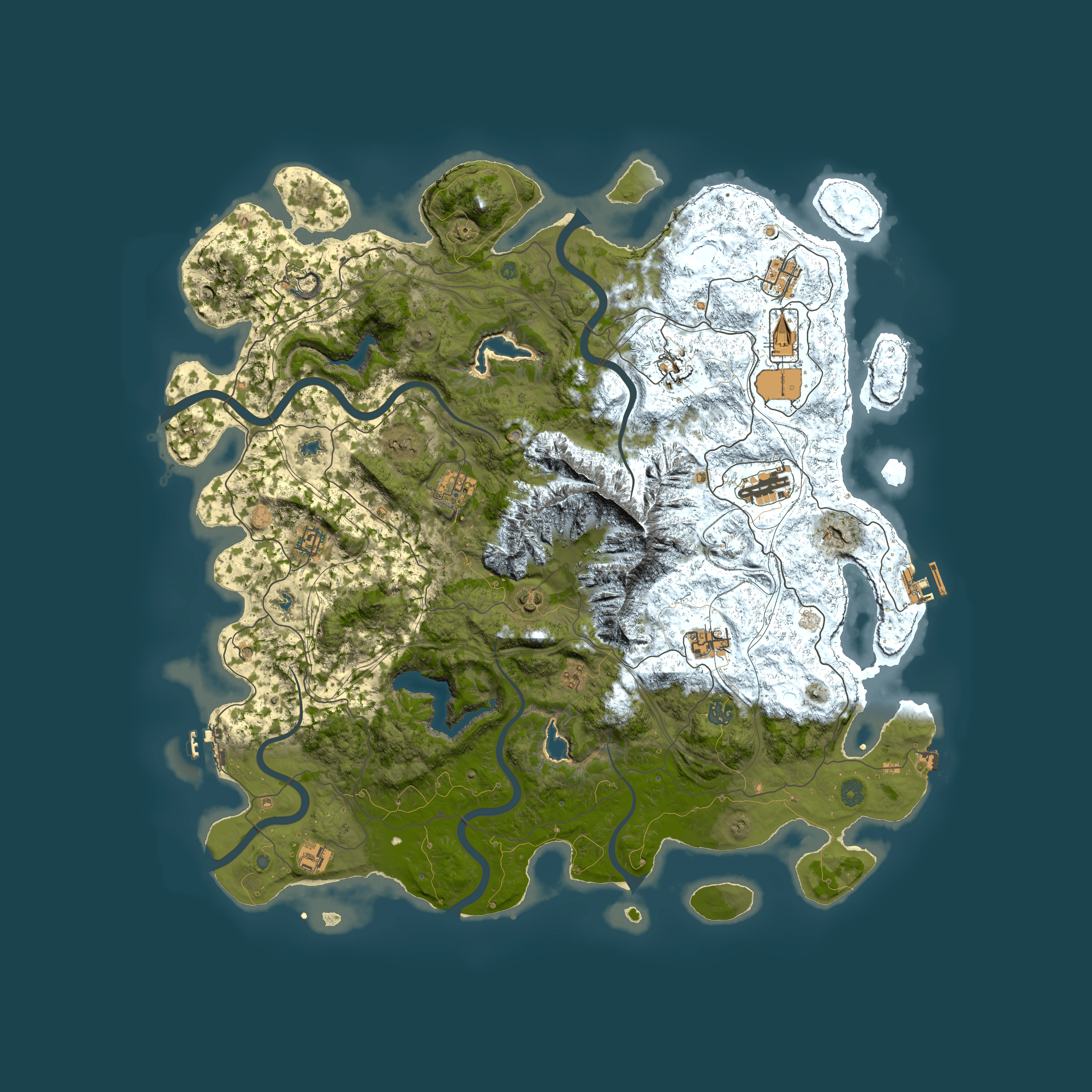 Full top-down render of Rust map seed 2127574374, 5000x5000m