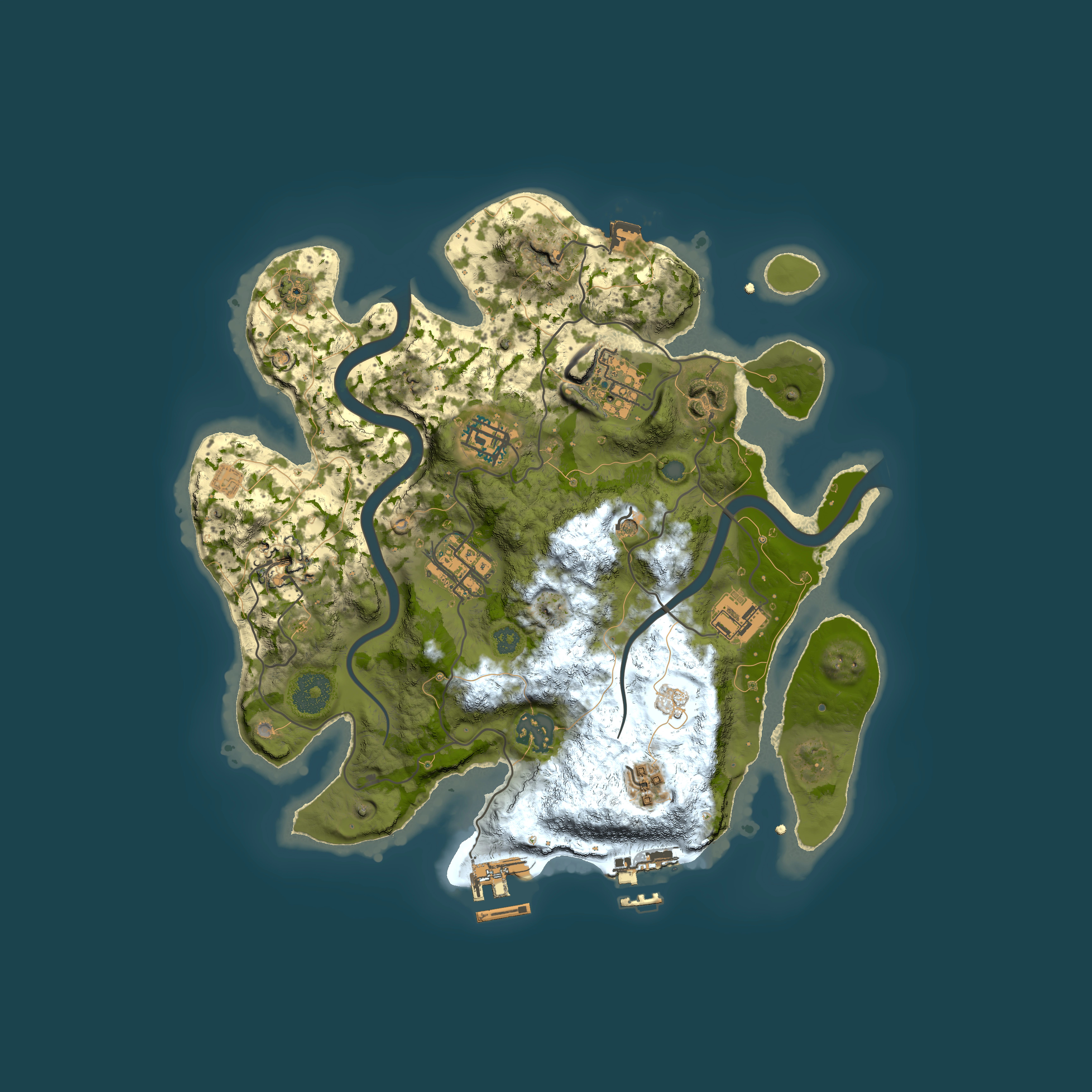 Full top-down render of Rust map seed 2057140929, 3000x3000m
