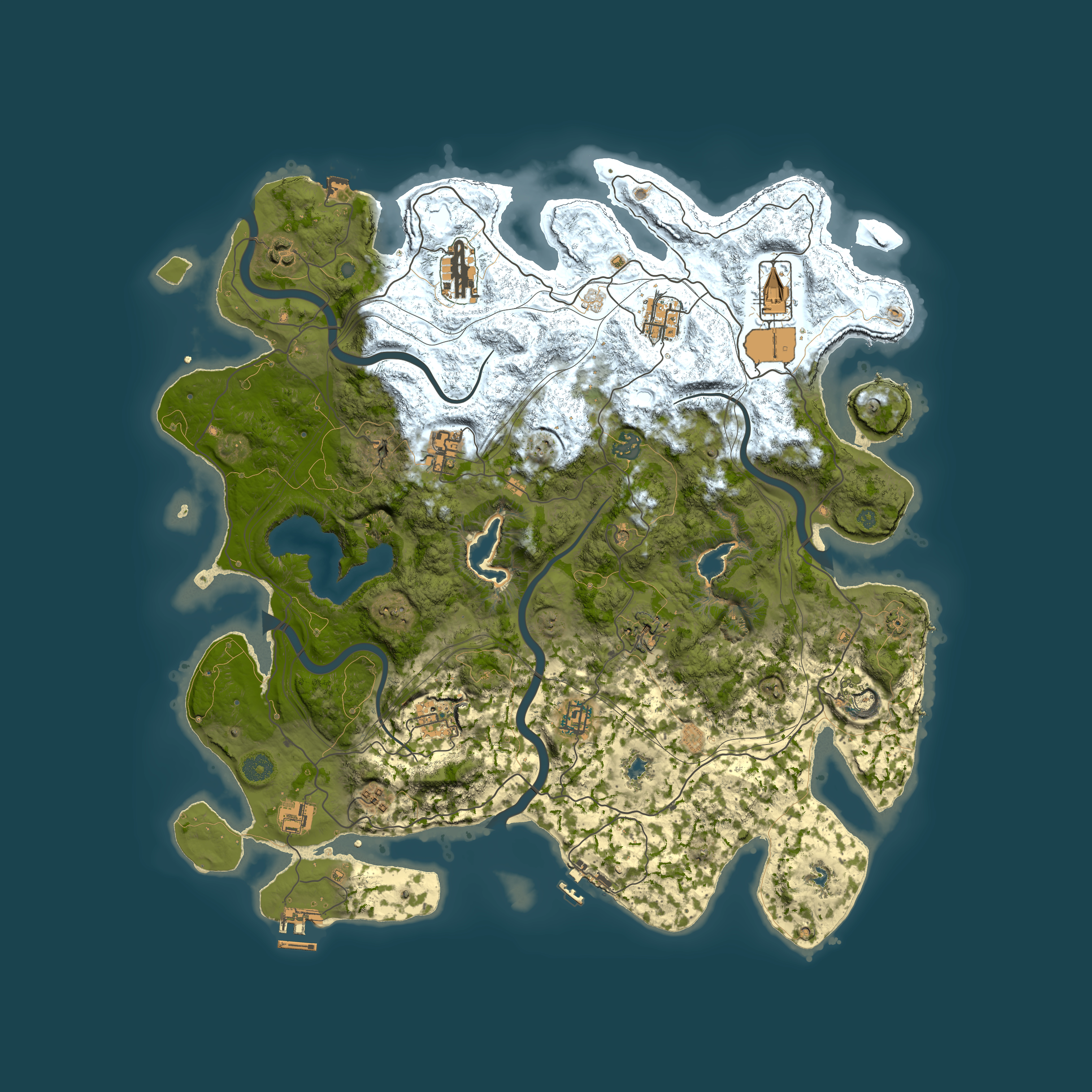 Full top-down render of Rust map seed 0, 4500x4500m
