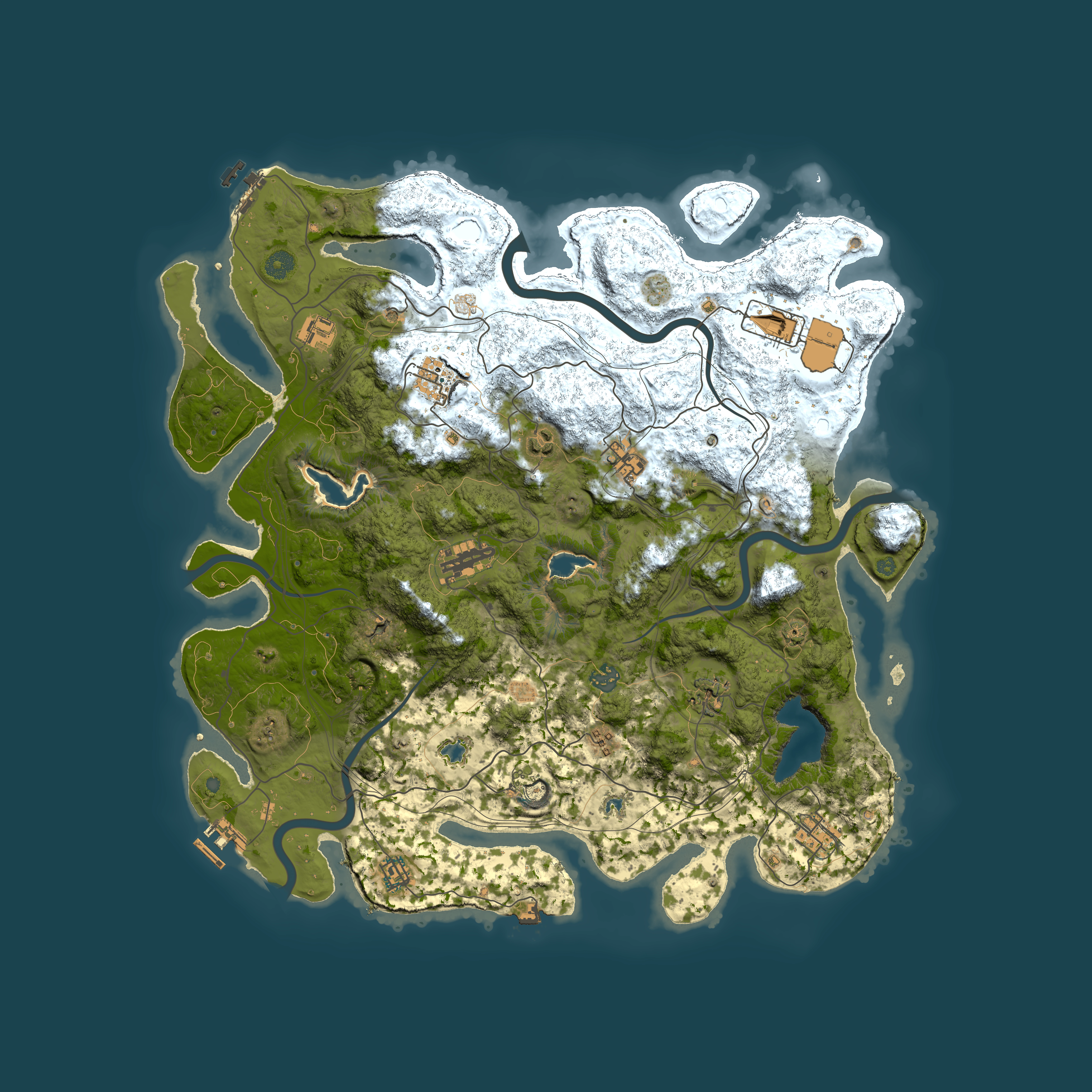 Full top-down render of Rust map seed 0, 4500x4500m