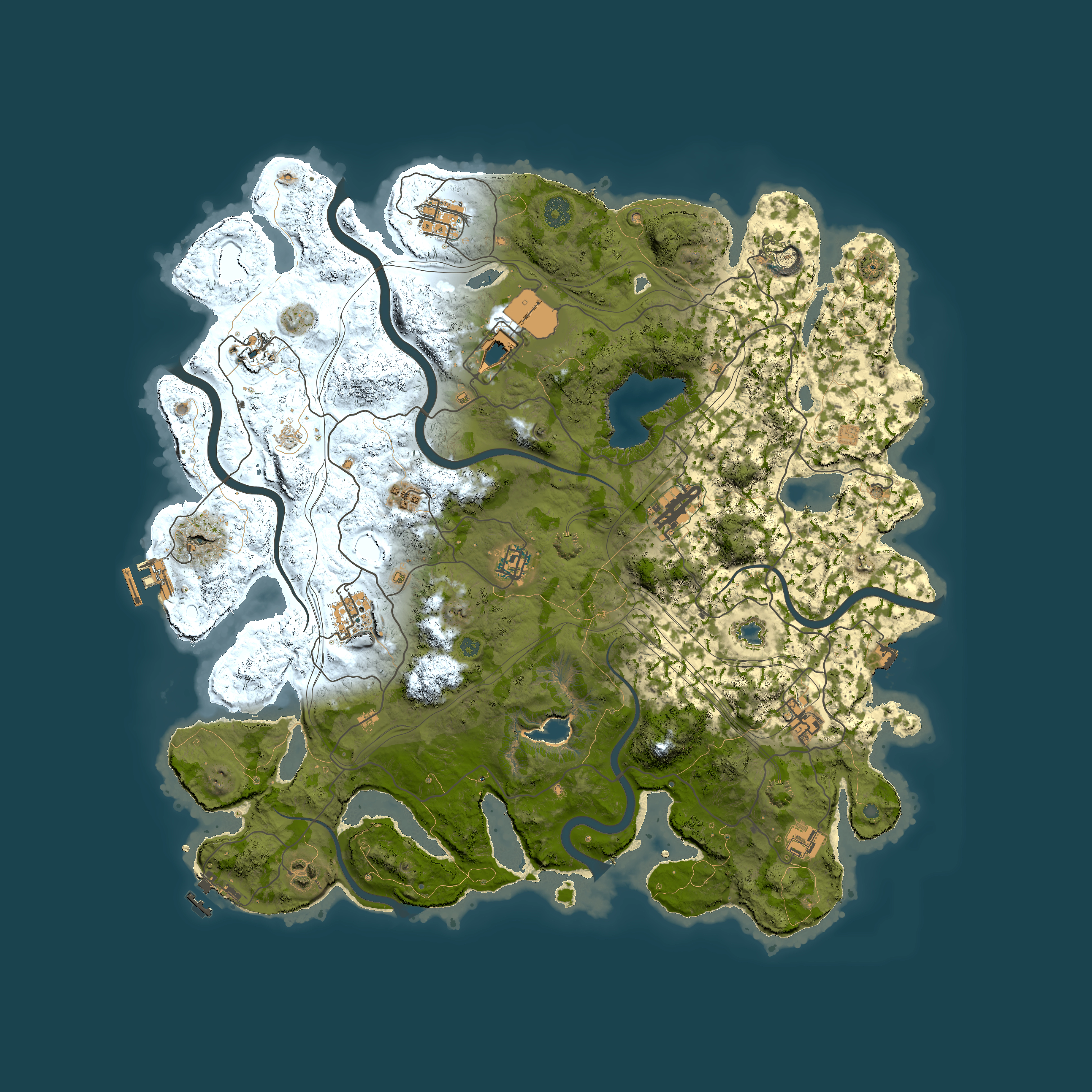 Full top-down render of Rust map seed 1672, 4400x4400m