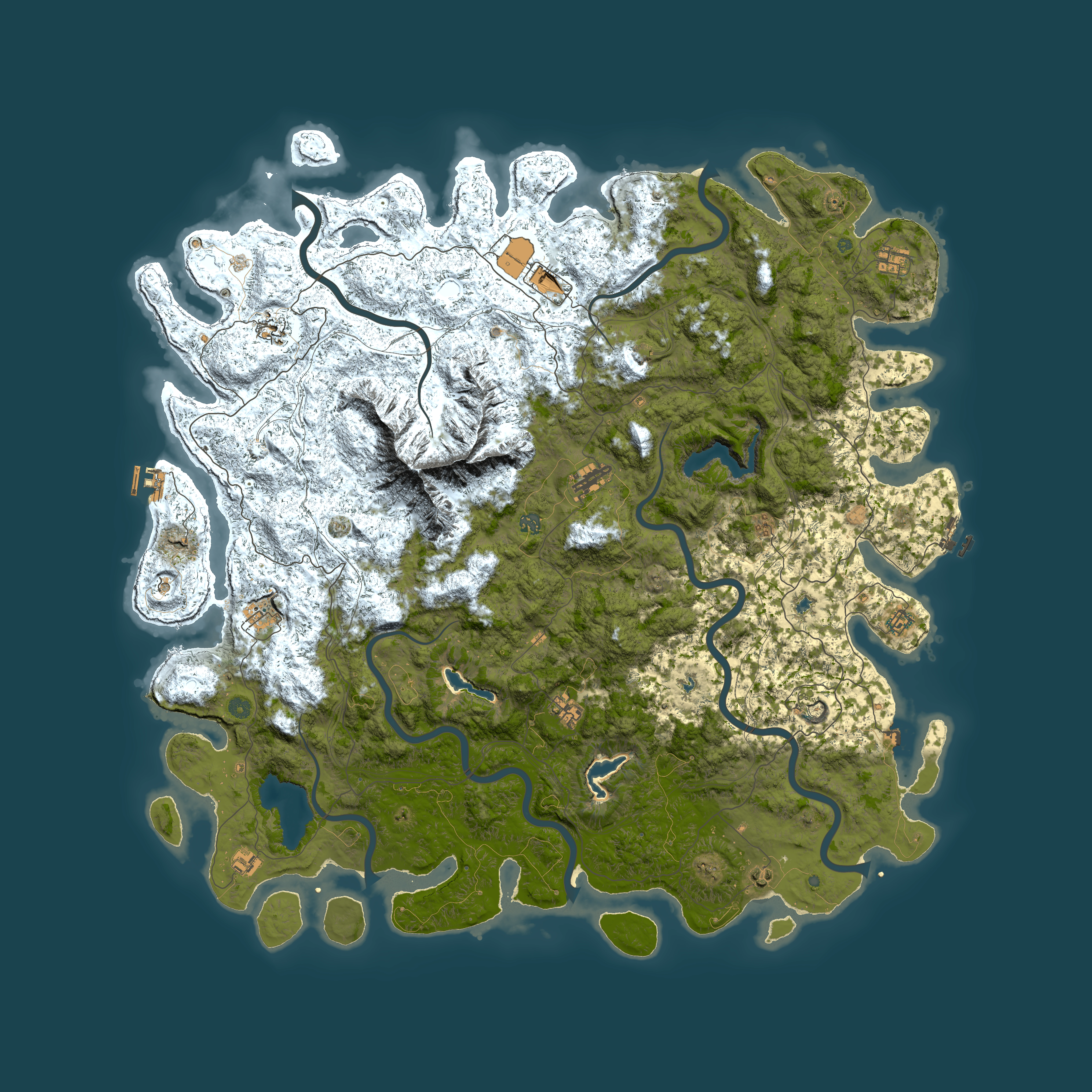 Full top-down render of Rust map seed 140364076, 6000x6000m