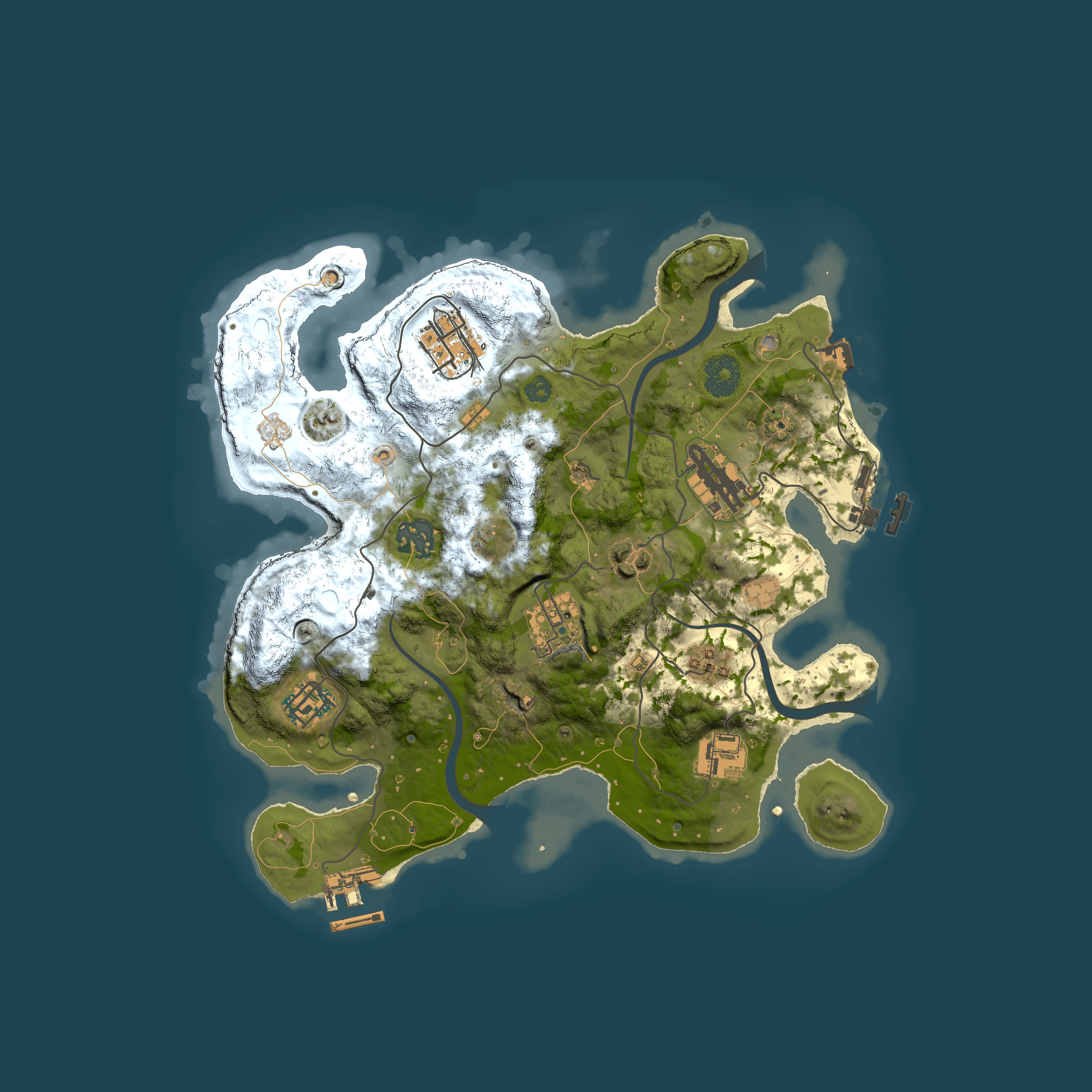 Full top-down render of Rust map seed 1458749238, 3000x3000m