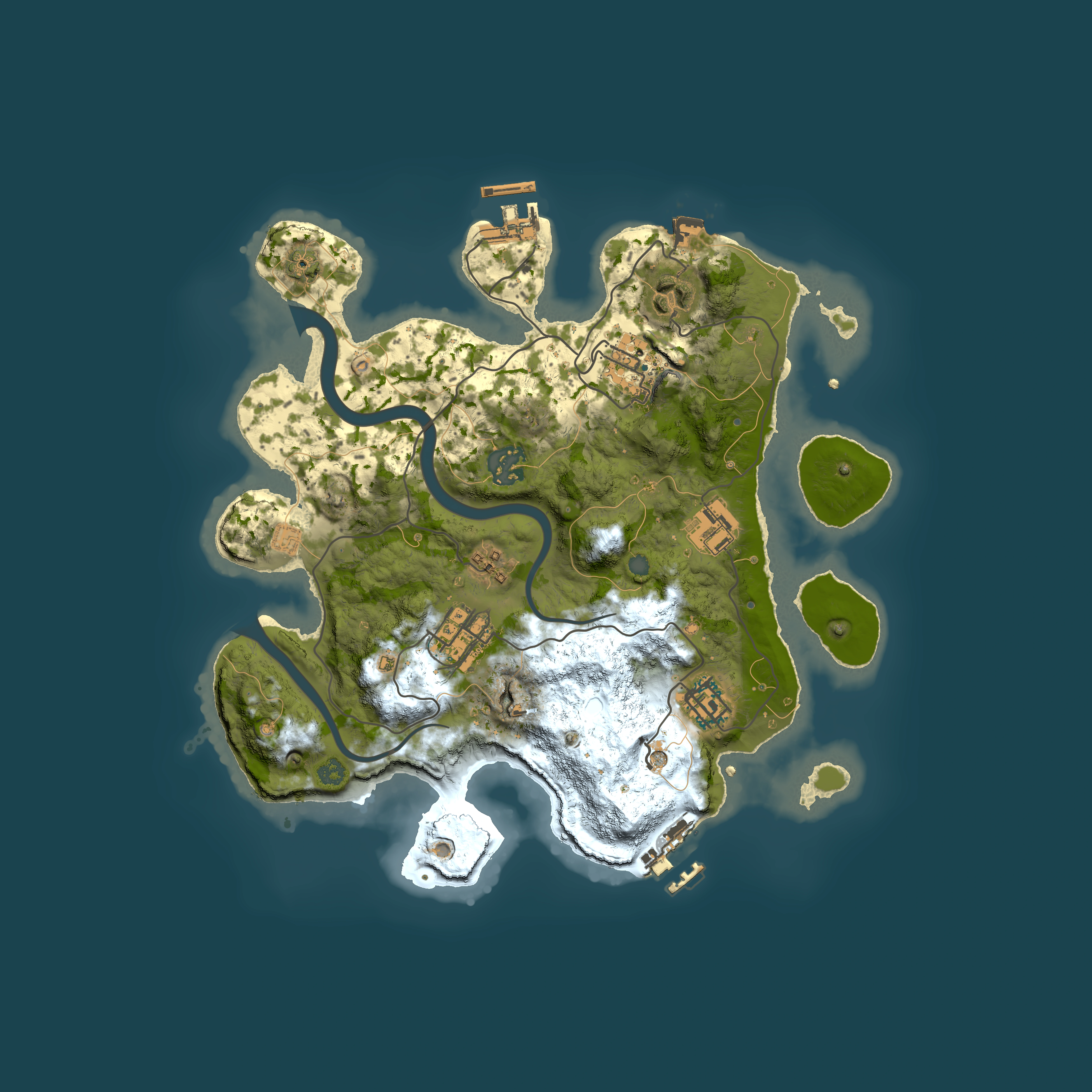 Full top-down render of Rust map seed 203934711, 3000x3000m