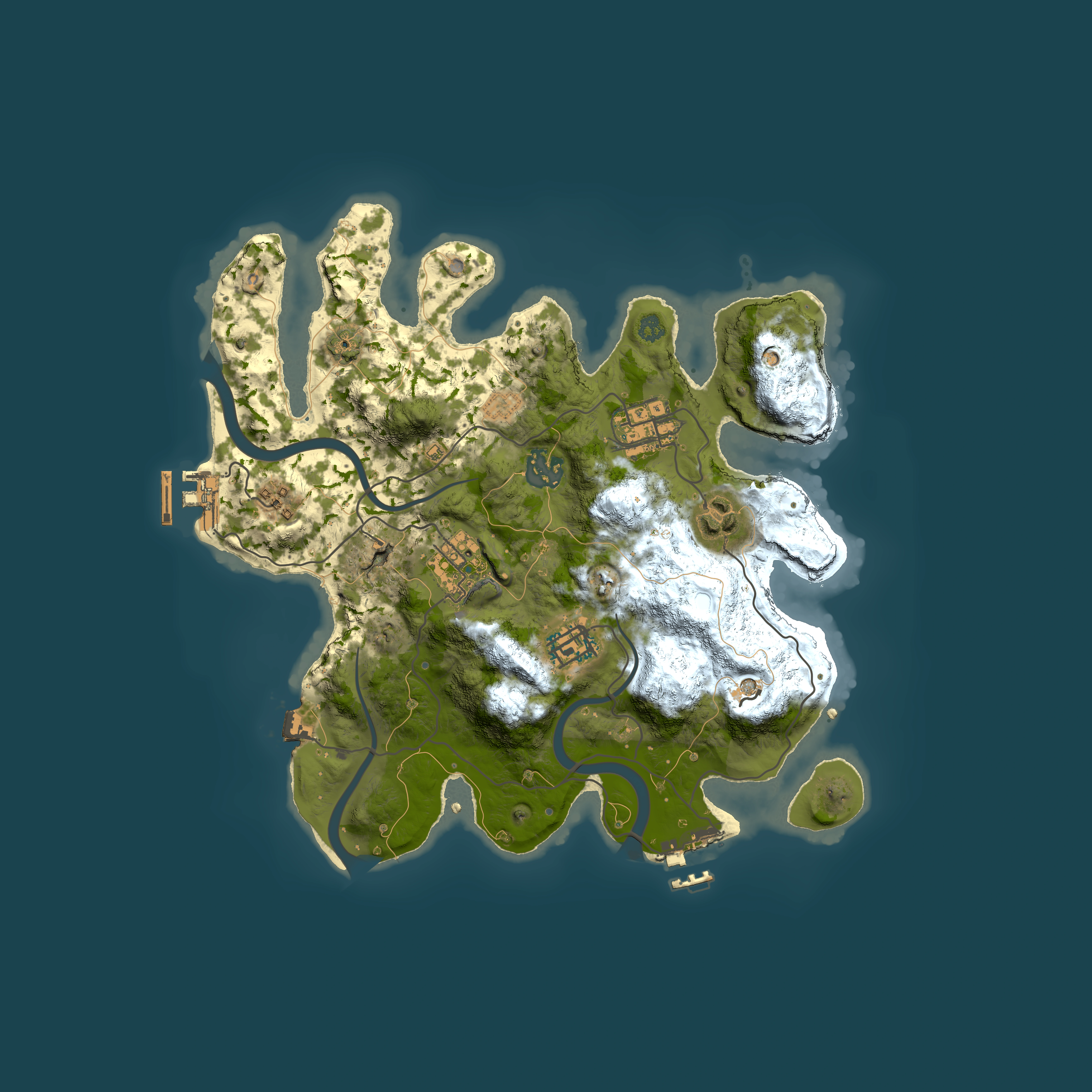 Full top-down render of Rust map seed 2077336366, 3000x3000m