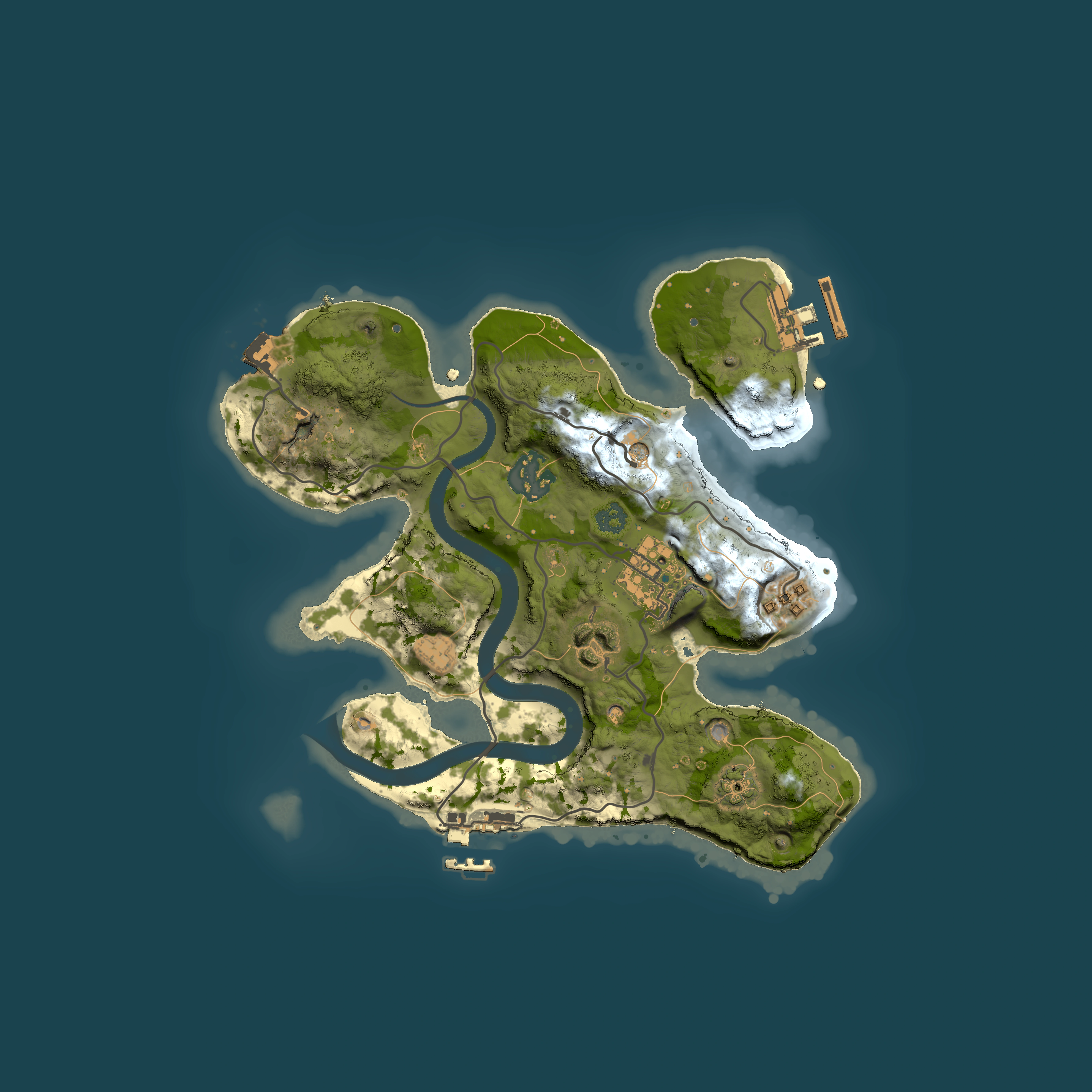 Full top-down render of Rust map seed 7334849, 2500x2500m