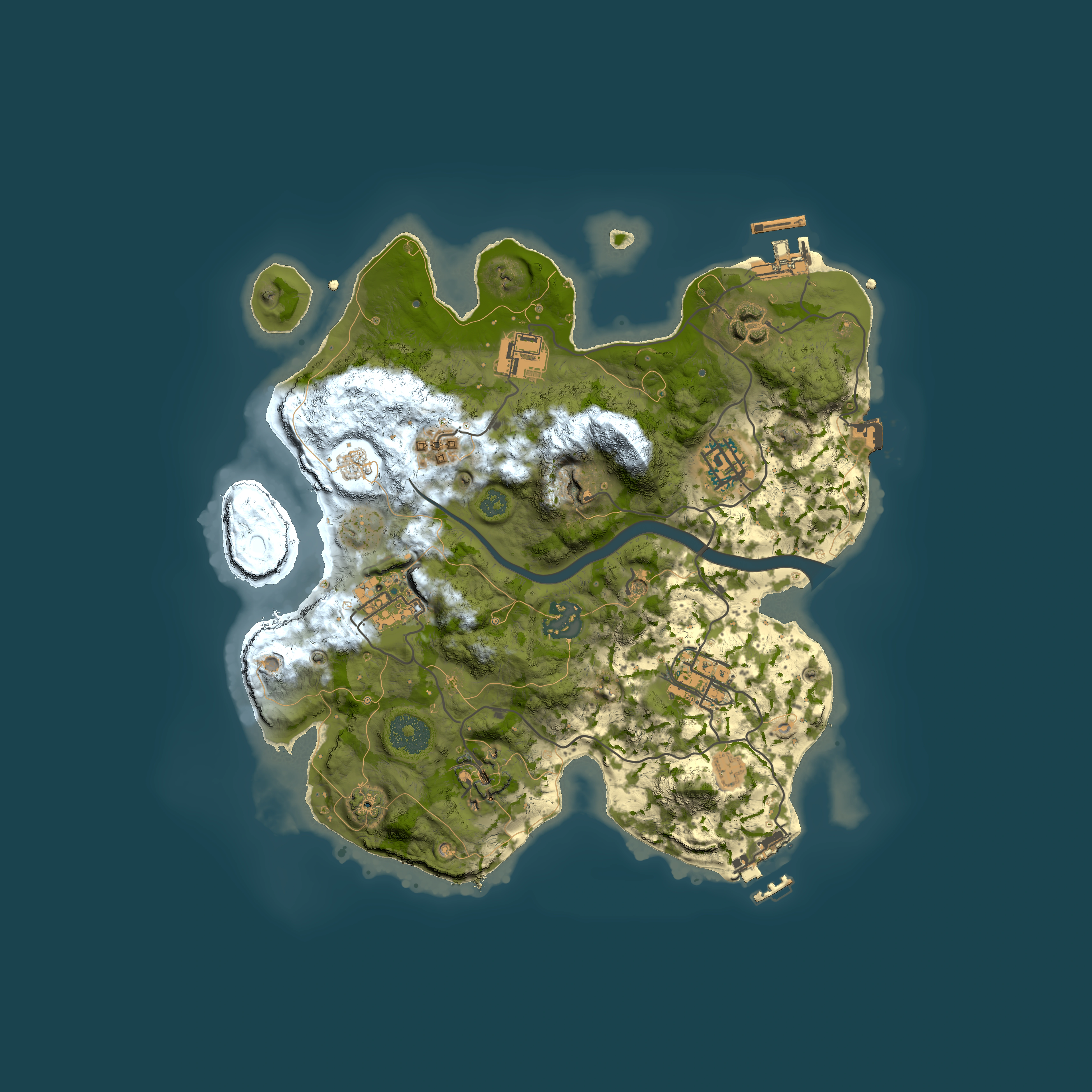 Full top-down render of Rust map seed 129081384, 3000x3000m