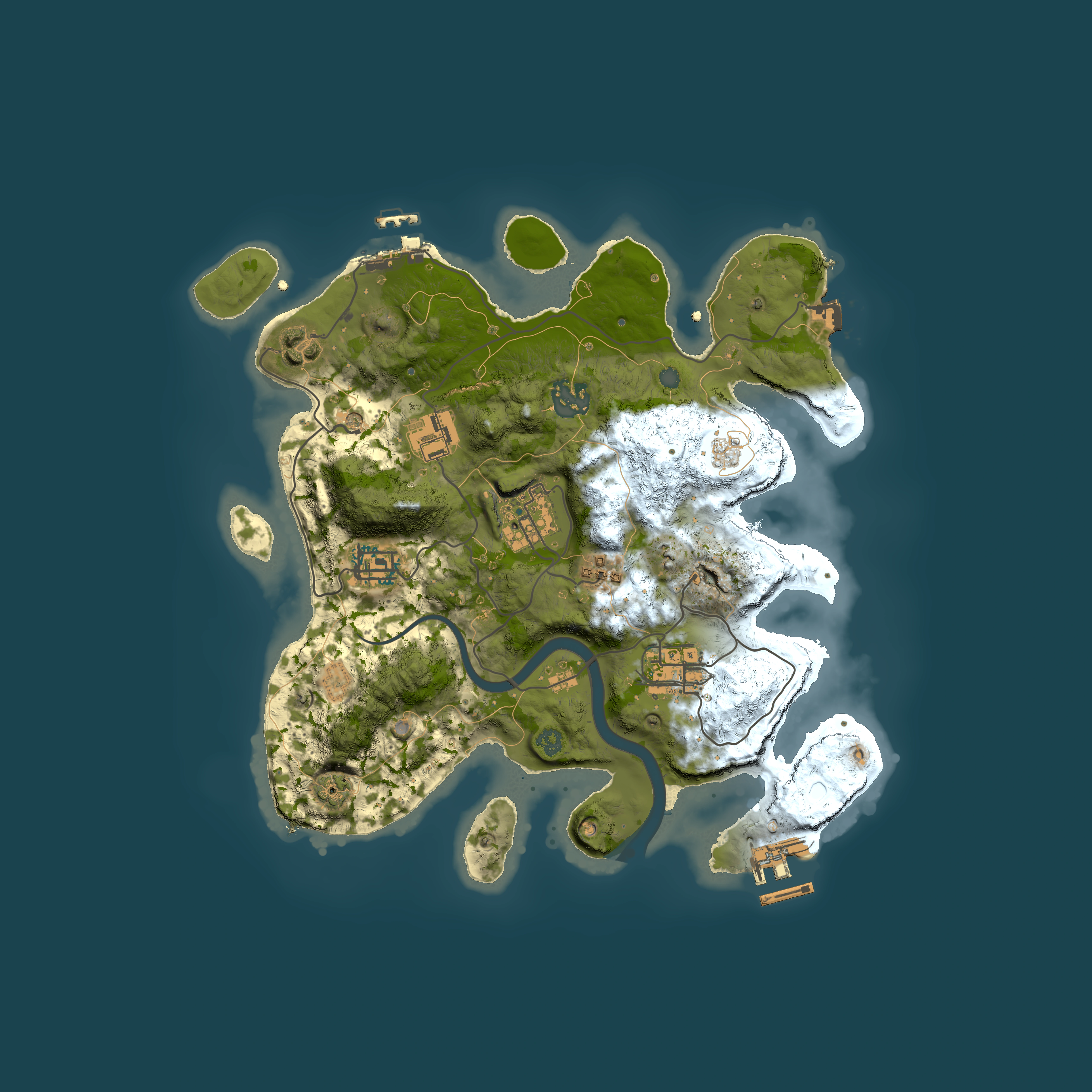 Full top-down render of Rust map seed 58464383, 3000x3000m