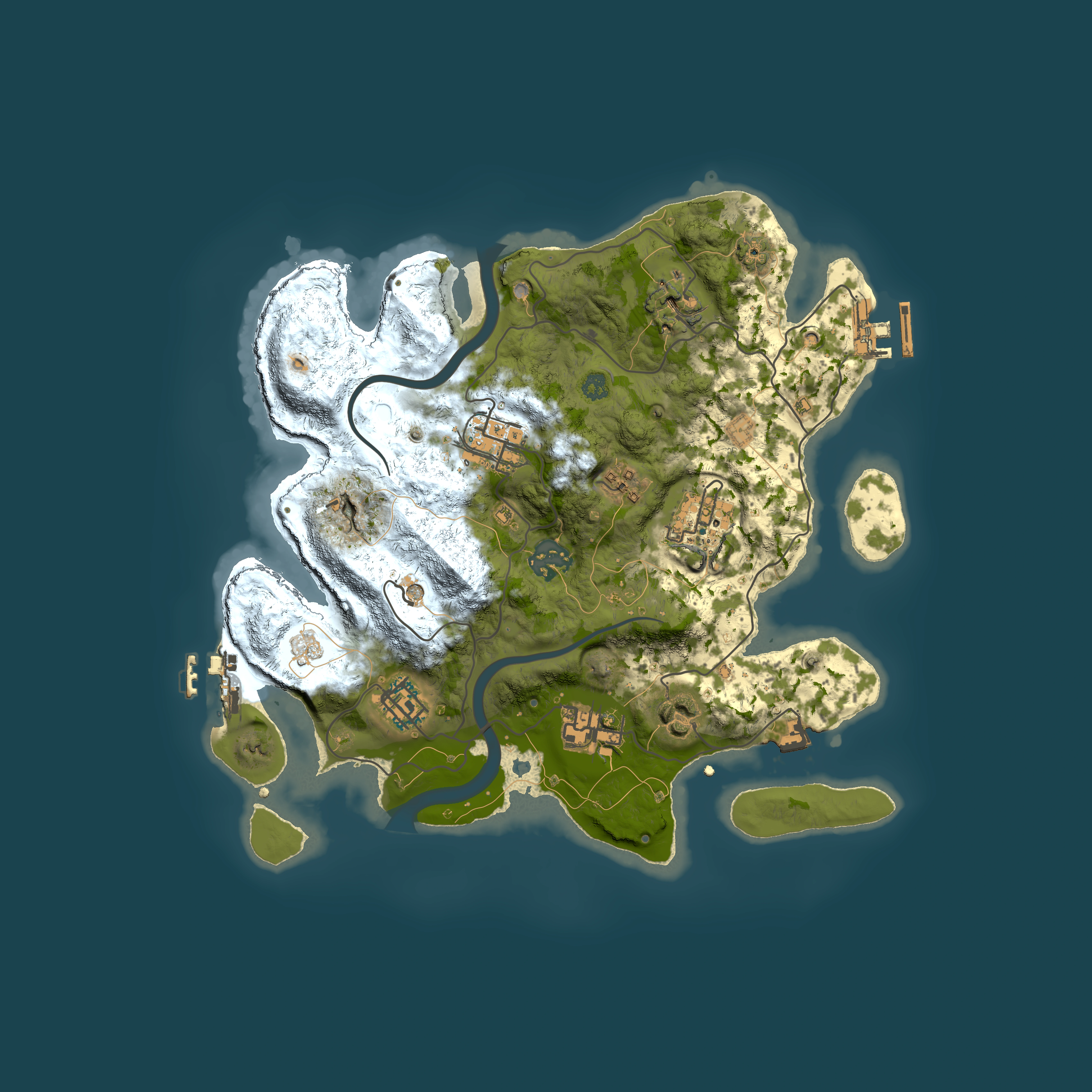 Full top-down render of Rust map seed 2129445984, 3000x3000m