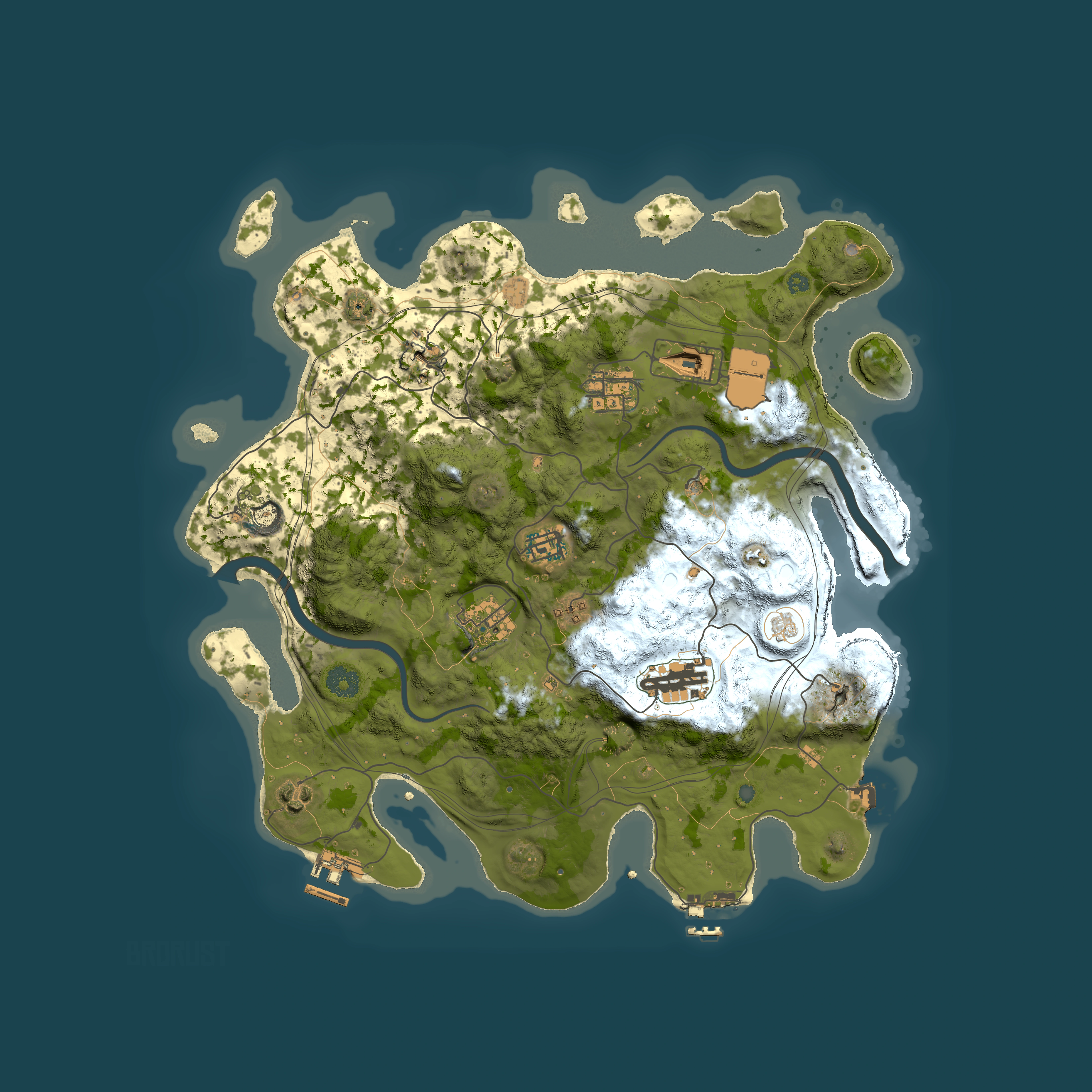 Full top-down render of Rust map seed 30608, 3800x3800m