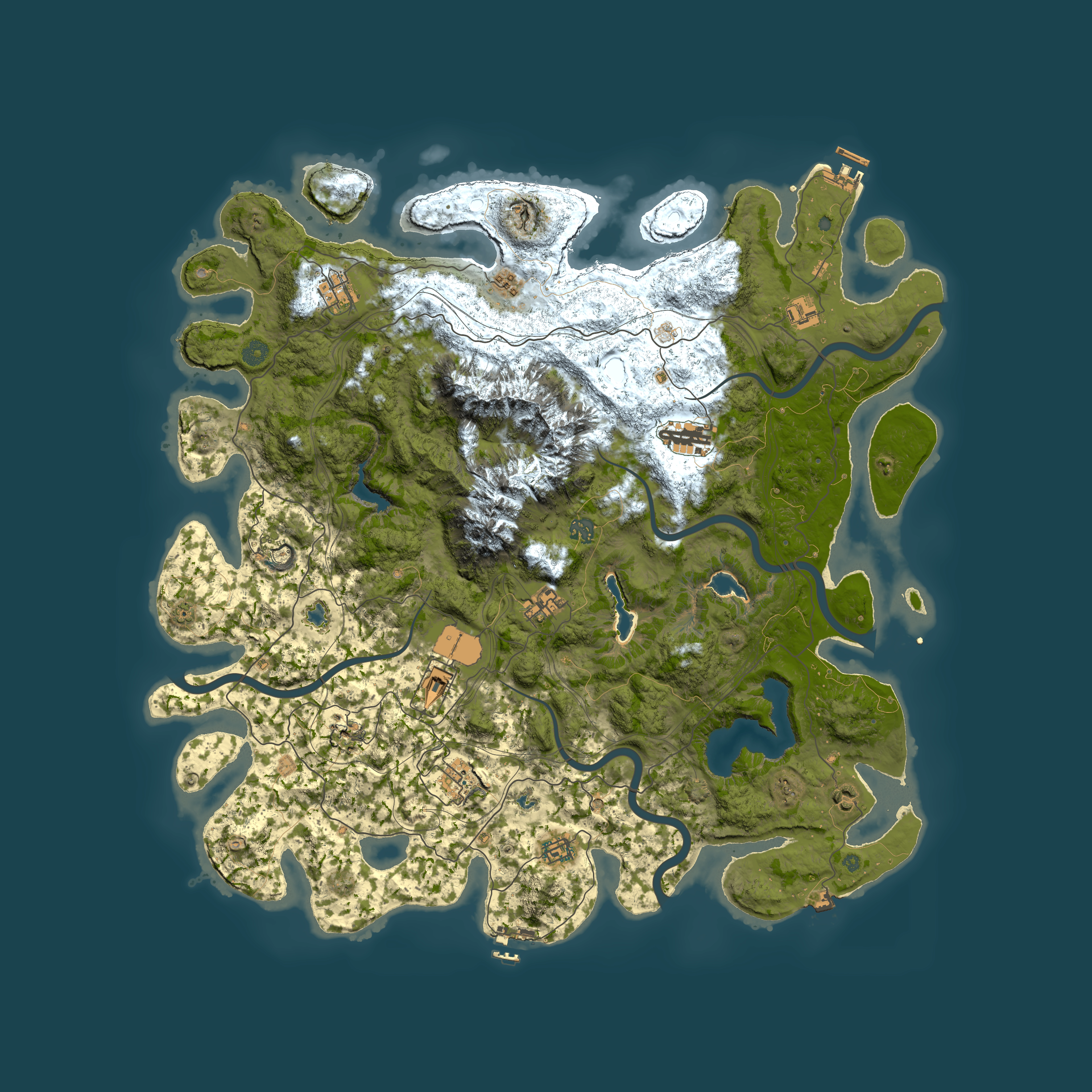 Full top-down render of Rust map seed 0, 5000x5000m