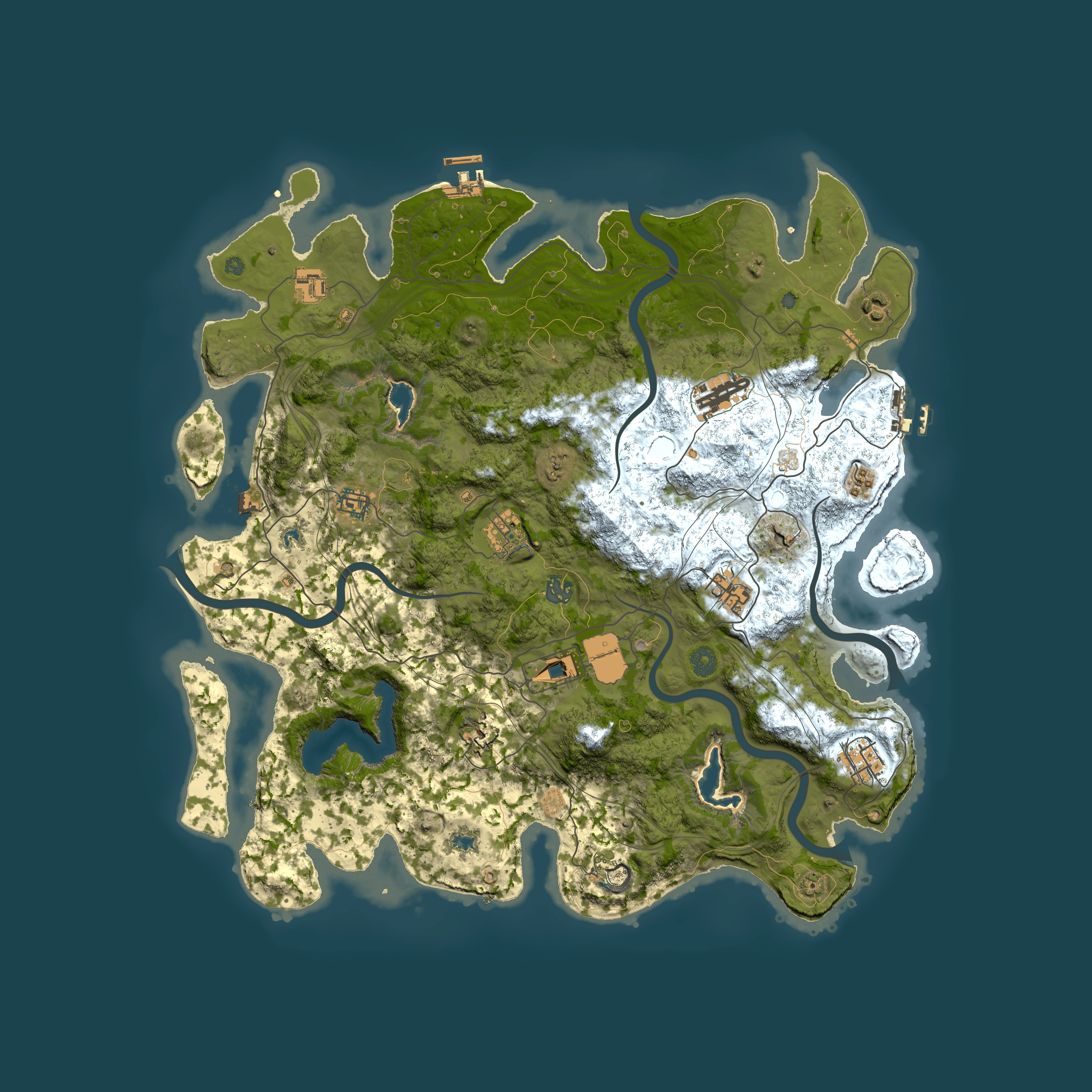 Full top-down render of Rust map seed 0, 4500x4500m
