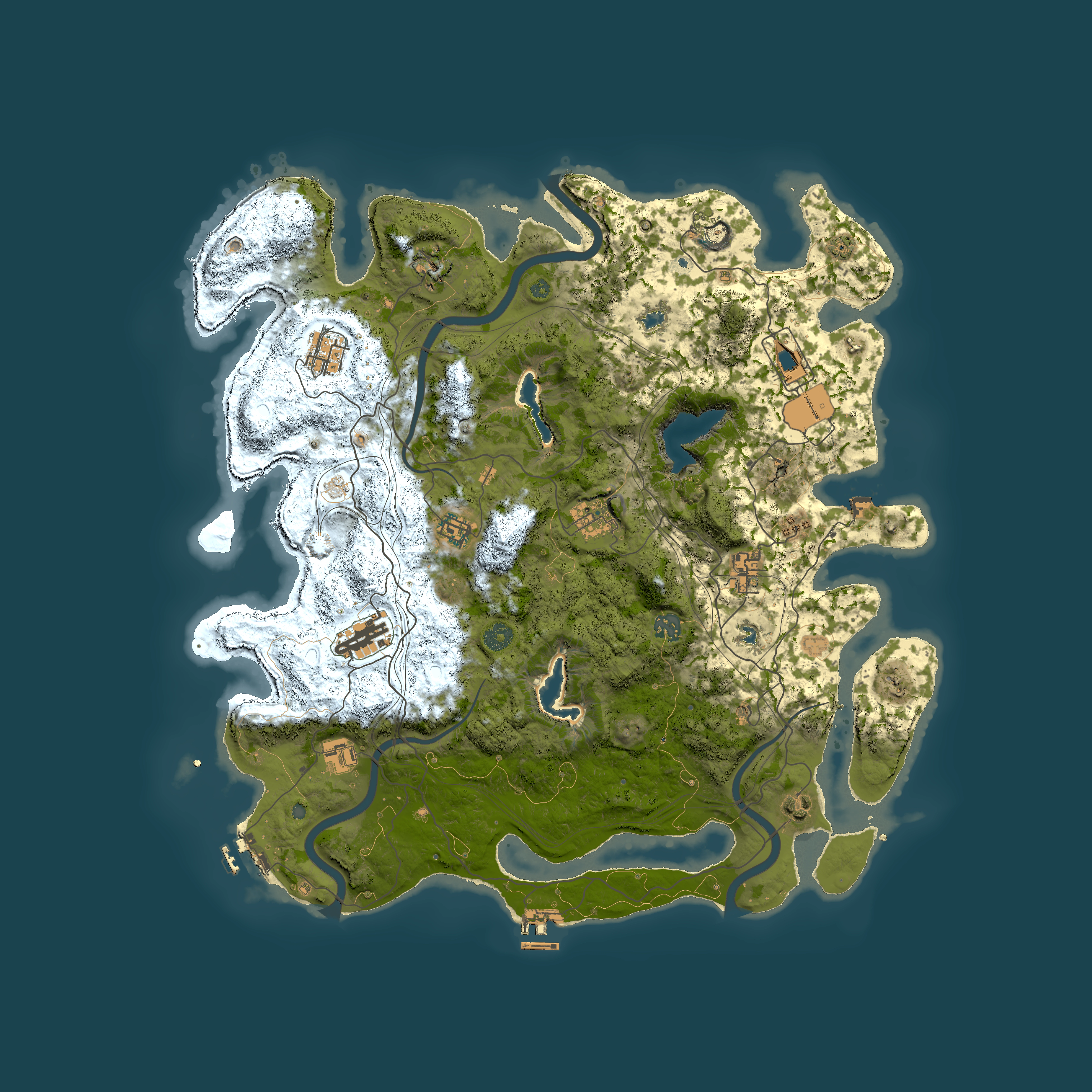 Full top-down render of Rust map seed 0, 4500x4500m