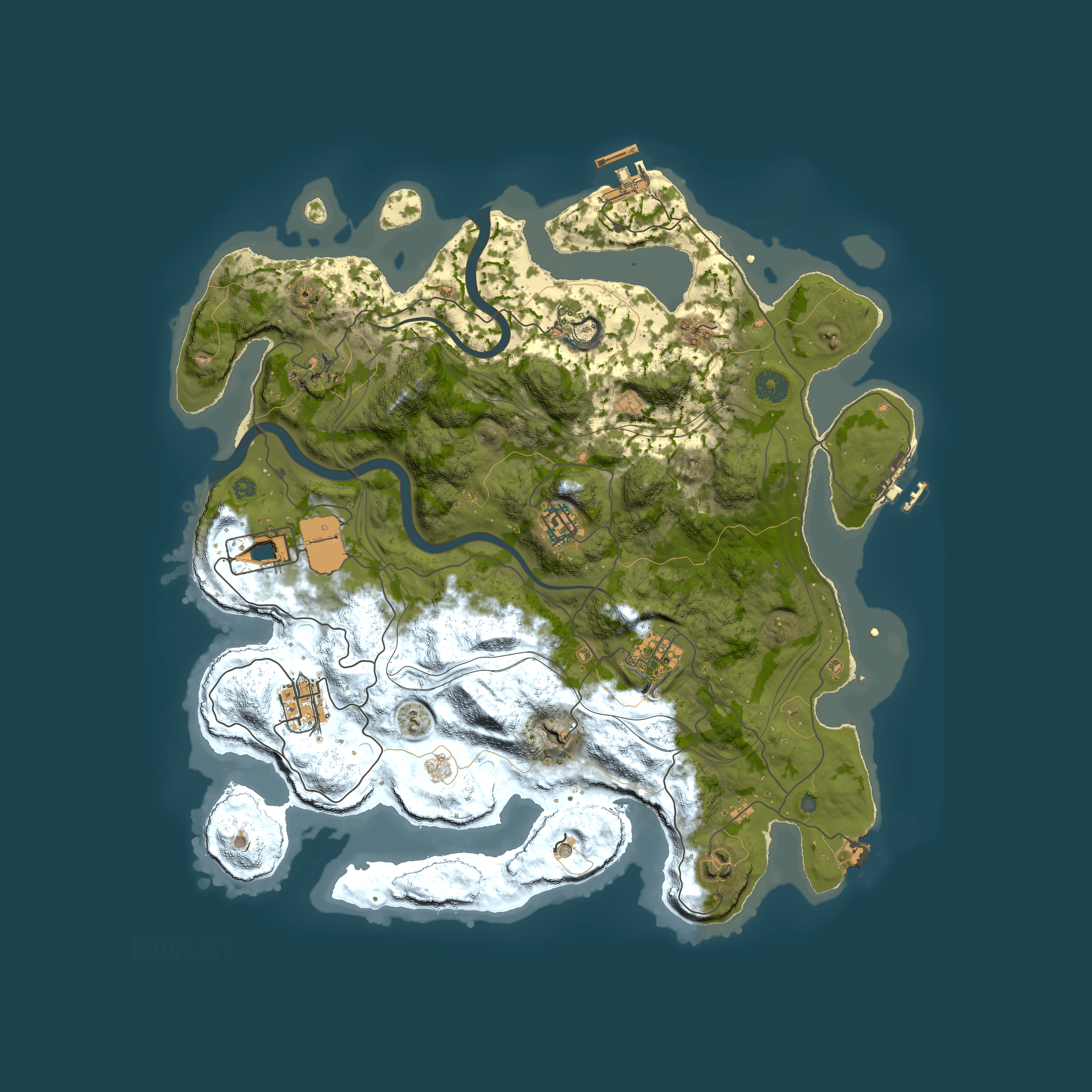 Full top-down render of Rust map seed 30808, 3800x3800m